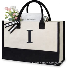Personalized embroidery logo canvas beach bag tote Eco-friendly cotton customized Alphabet letter shopper shopping bag